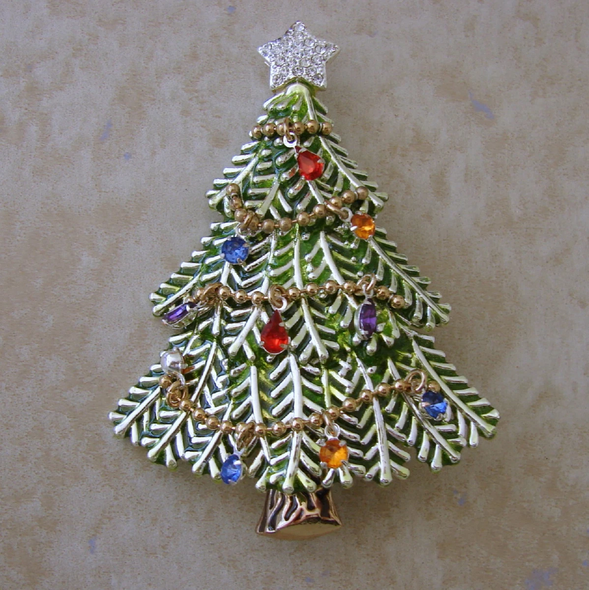 Avon Christmas Tree Pin Brooch Enamel 2008 Annual Jewels Dangling Ornaments