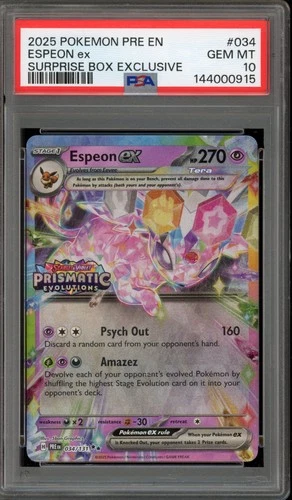 Pokemon Espeon ex Prismatic Evolutions Surprise Bx. Exclusive #034 PSA 10