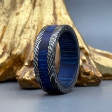Blue Wood Damascus Steel Ring   Handcrafted Men' Wedding Band, Viking Style Ring