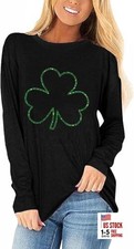 Womens St Patrick's Day Shirts Long Sleeve Heart Lucky Clover Medium 265 Black
