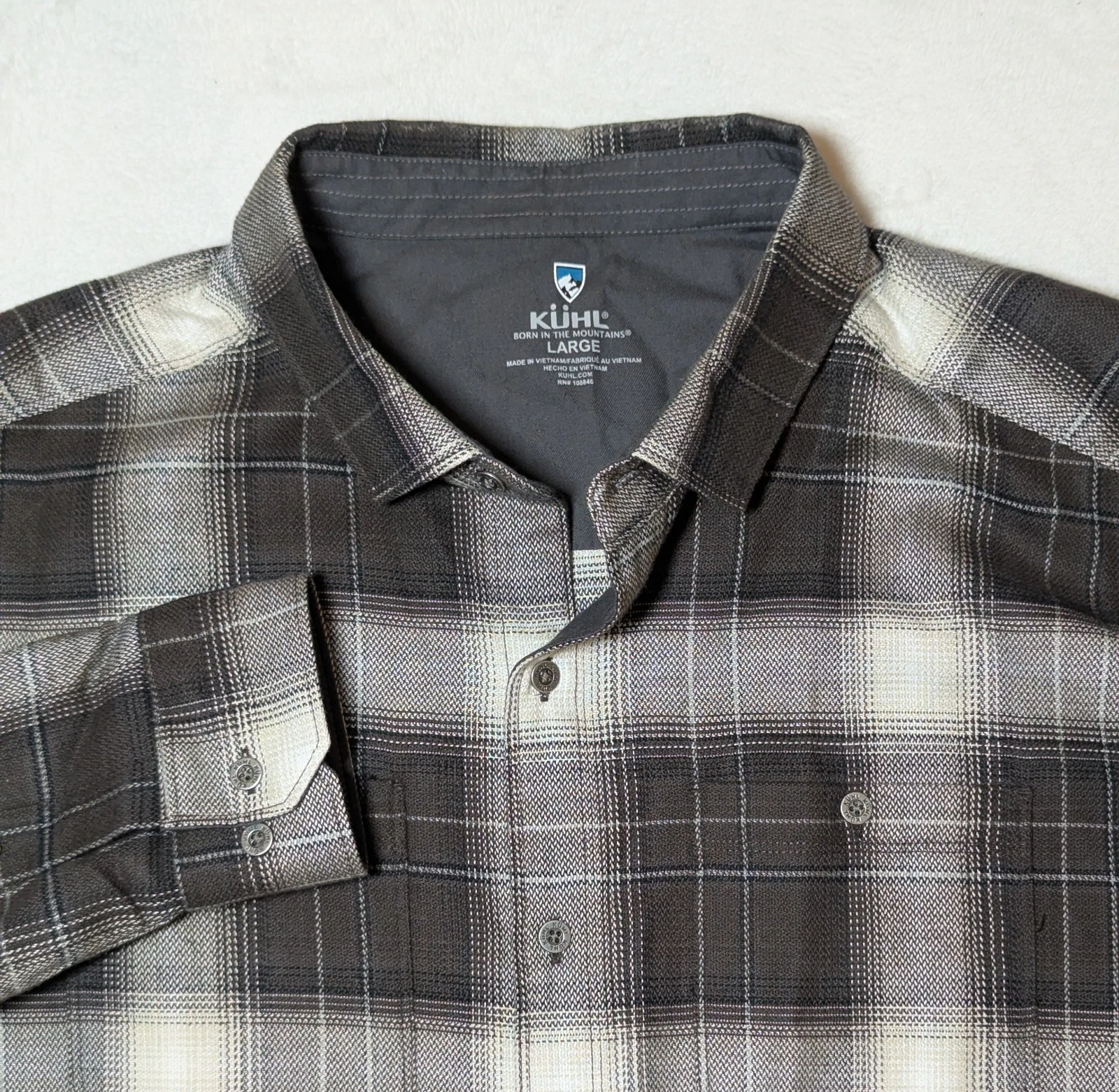KUHL Flannel Shirt Mens Lg Brown Plaid Long Sleeve Button Front Outdoor Hiking