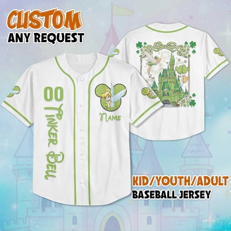 Personalized Tinker Bell Magic Castle St. Patrick's Day Baseball Jersey Shirt