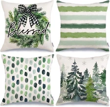Christmas Pillow Covers 16X16"  Green Set of 4 BLESSED Wreath Trees Stripes Dots