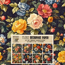 Decoupage Paper 6"x6" Midnight Garden Blooms: Bold Floral Illustrations Against