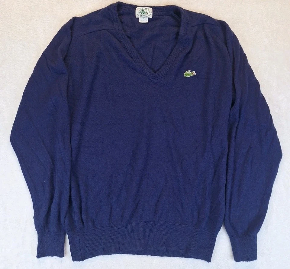Suéter vintage años 70 para mujer Izod Lacoste cuello en V logotipo de cocodrilo azul grande hecho en EE. UU. Foto 2 de 4