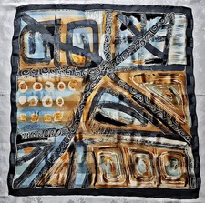 SCARF VINTAGE AUTHENTIC ABSTRACT ART BROWN GRAY BLUE CHIFFON SILK 30'' SQUARE