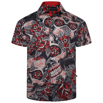 Kam Schädel Und Rosen Aufdruck Kurzärmelig Hemd für Männer Schwarz, 2XL-8XL