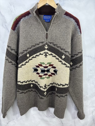 PENDLETON Lambswool MENS XL 1/4 Zip Pullover Sweater Southwestern Intarsia Art - Picture 8 of 14