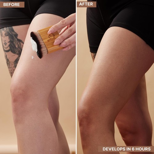 Brown self-tanner with bamboo brush on left leg, black bikini bottom right leg, text “Develops in 6 Hours.”