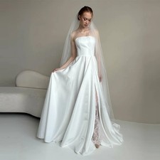 A-line Satin/Lace Wedding Dresses Strapless Sleeveless Bridal Dress Long Wedding