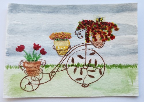 Original Watercolor ACEO Painting Summer Spring Bike Planter Flowers Bee