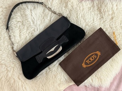 Tod s Handbag Shoulder Black Leather & Suede w/ Silver Link Chain Hardware 