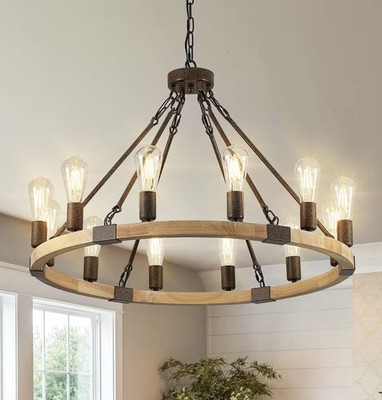 Benkut Farmhouse Wagon Wheel-Chandelier 31'' Wooden RusticLight Fixtures 12-Light