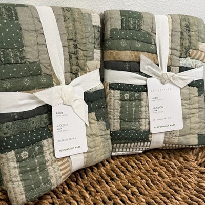 POTTERY BARN JAXSON QUILTED SHAM OF 2 EURO GREEN PATCHWORK REVERSIBLE