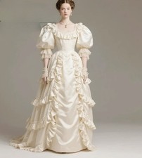 Vintage Victorian Wedding Dress 1980s Puff Sleeve Soft Satin Bustle Era Rococo