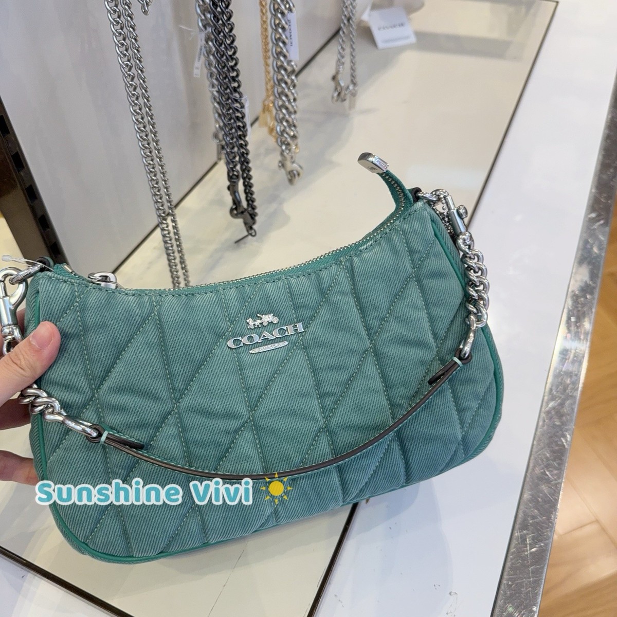 NWT COACH Teri Shoulder Bag CBG86 Silver/Ivy/Green Denim Leather