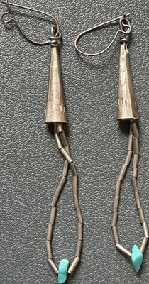 Native American Style Handmade Silver Turquoise Dangle Earrings 2 Inch Drop