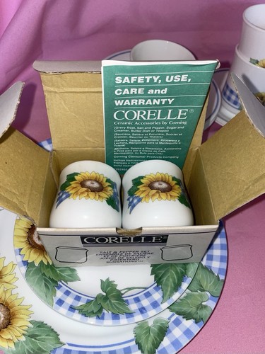 6 Complete Sunsation Corelle Corningware  Sunflowers Platter Salt & Pepper NIB - Picture 13 of 13