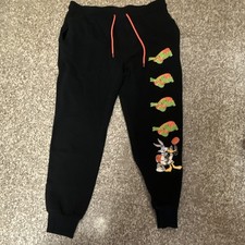Space Jam 25th Anniversary Bugs Bunny Men's Black Sweatpants Size Kids L