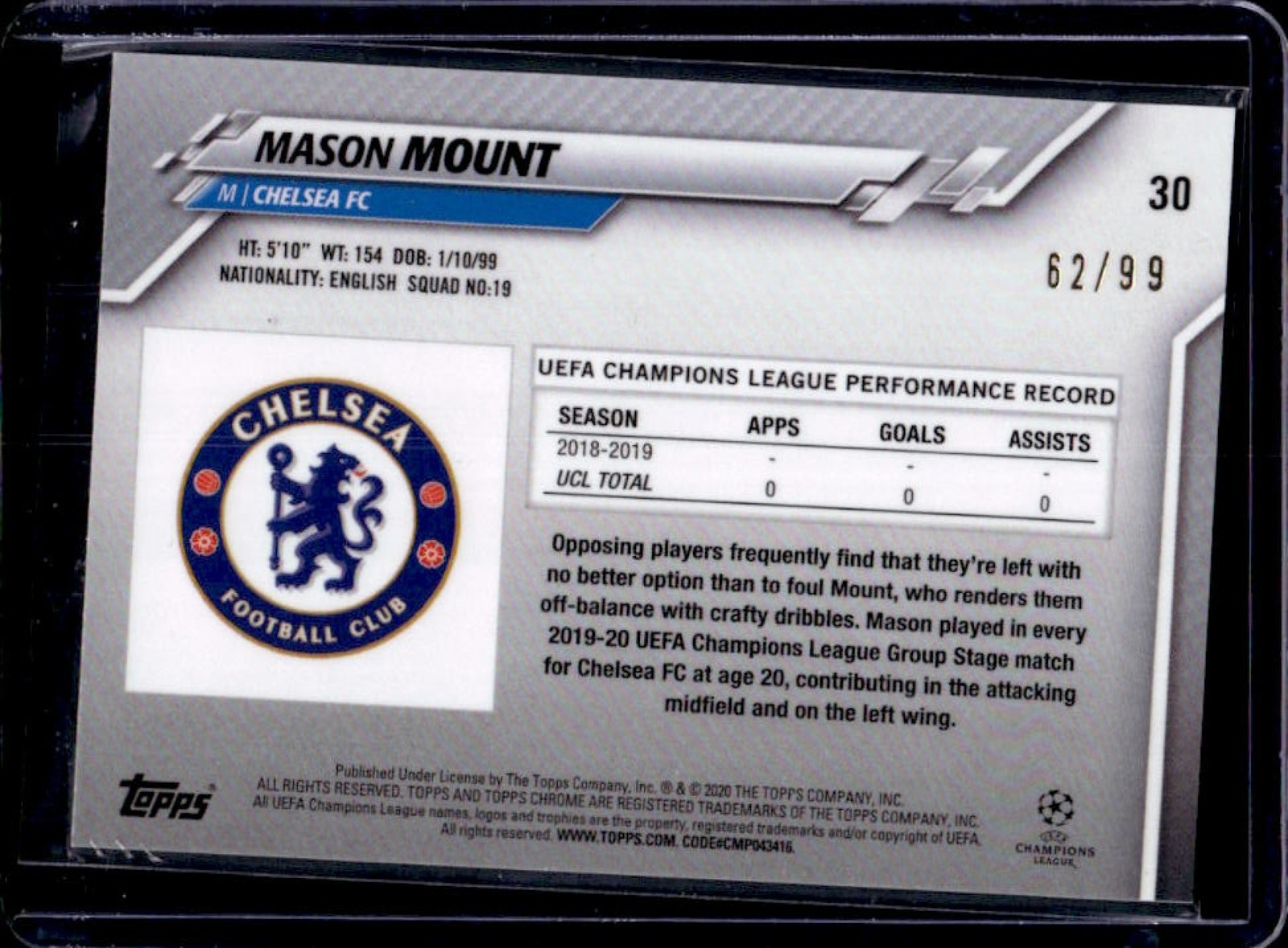 2019 Topps Chrome Sapphire UEFA Mason Mount Refractor Yellow #/99 Chelsea view 2