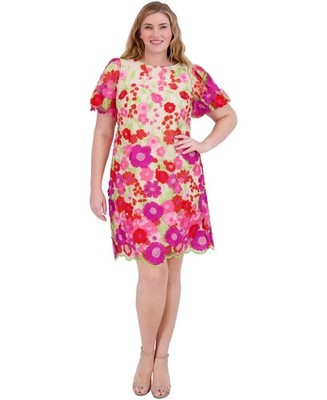 Eliza J Plus Size 3D Embroidered-Florals Puff-Sleeve Dress - Pink-14W | eBay