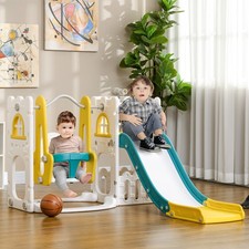 6-in-1 Toddler Swing and Slide Set w/ Basketball Hoop Telescope Climber Yellow
