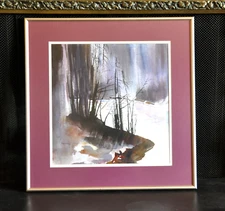 FEDORAK - ORIGINAL WATERCOLOR PAINTING - WINTER WOODS - DEEP MAUVES WHITE BROWNS