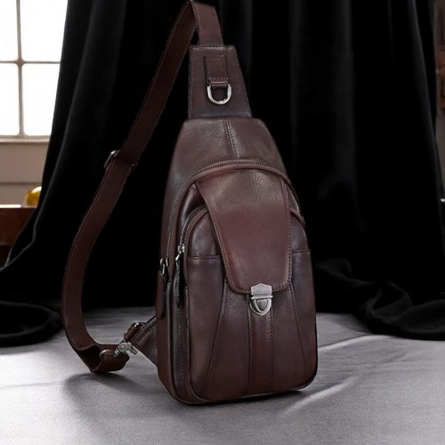 Leather Sling Bag Mens Handmade Crossbody Backpack Coffee Brown Fathers Day Gift - Picture 5 of 8