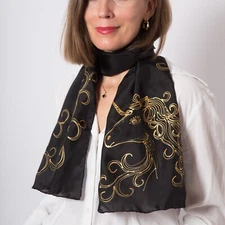 Unicorn Print Hand Painted Silk Scarf Black Silk Scarf Unicorn Lover Gift Xmas