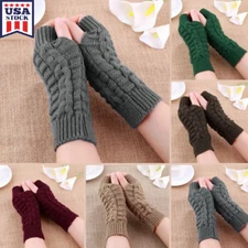 Women Winter Long Half Finger Fingerless Gloves Arm Hand Warmer Knitted Mittens