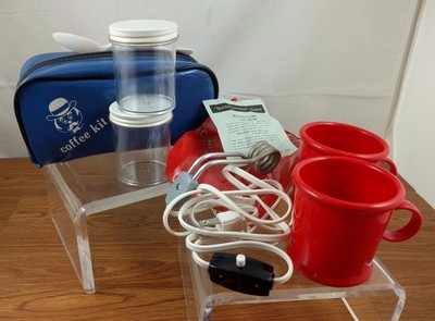 Retro Coffee Kit Red Cups Containers Spoon Heater Camping Hotel Blue Scouts Prop