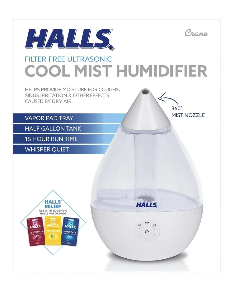 Crane Clear White HALLS Droplet .5 Gal Humidifier No Filter Needed Quiet