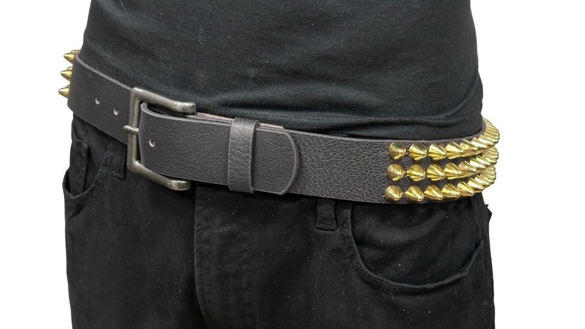 THREE Row Gold UK77 CONE Stud Belt Leather Handmade Studded Belt