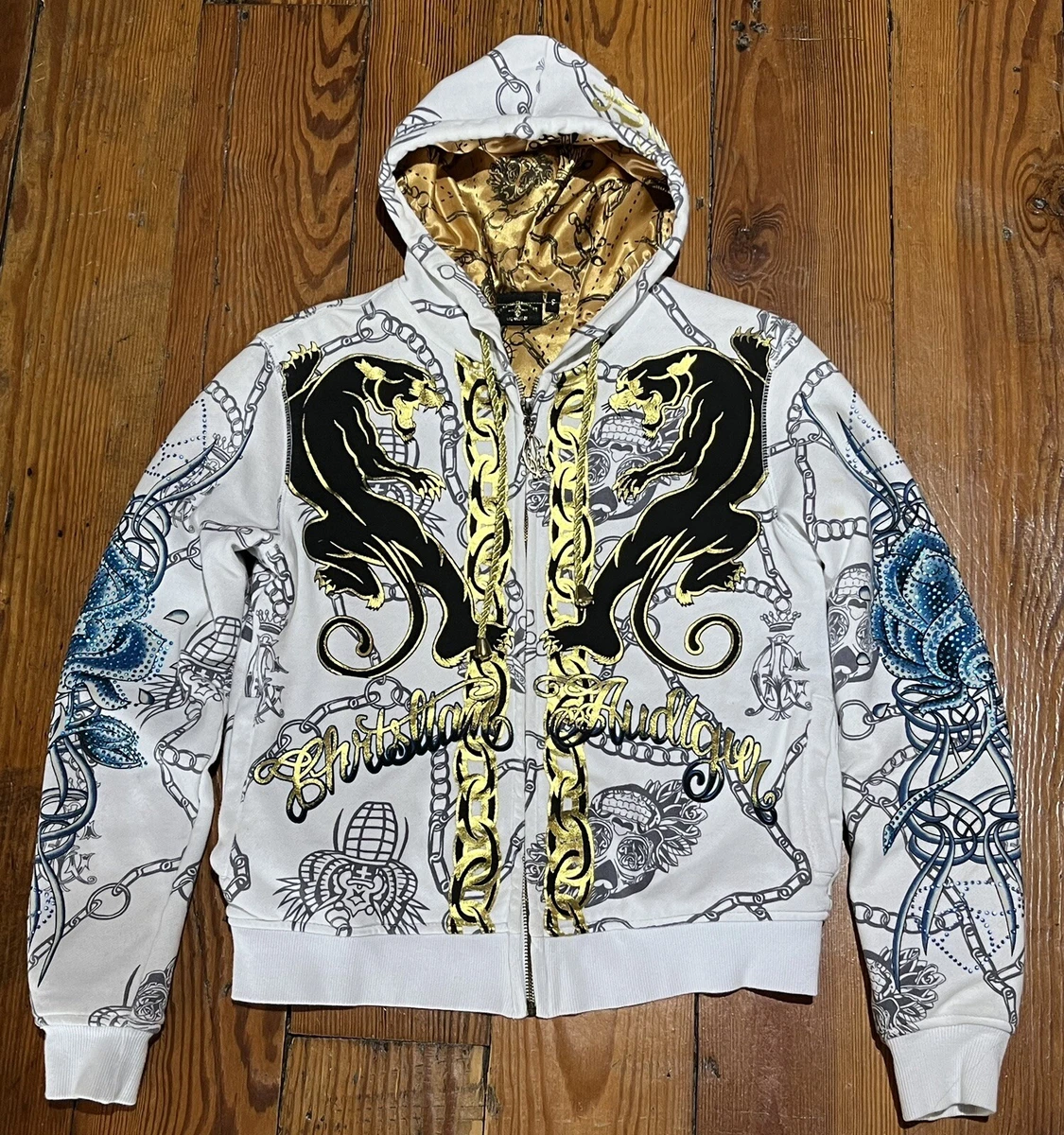 Christian Audigier Hoodie Panther Gold Crown Skull Lined All Over White  Hardy S