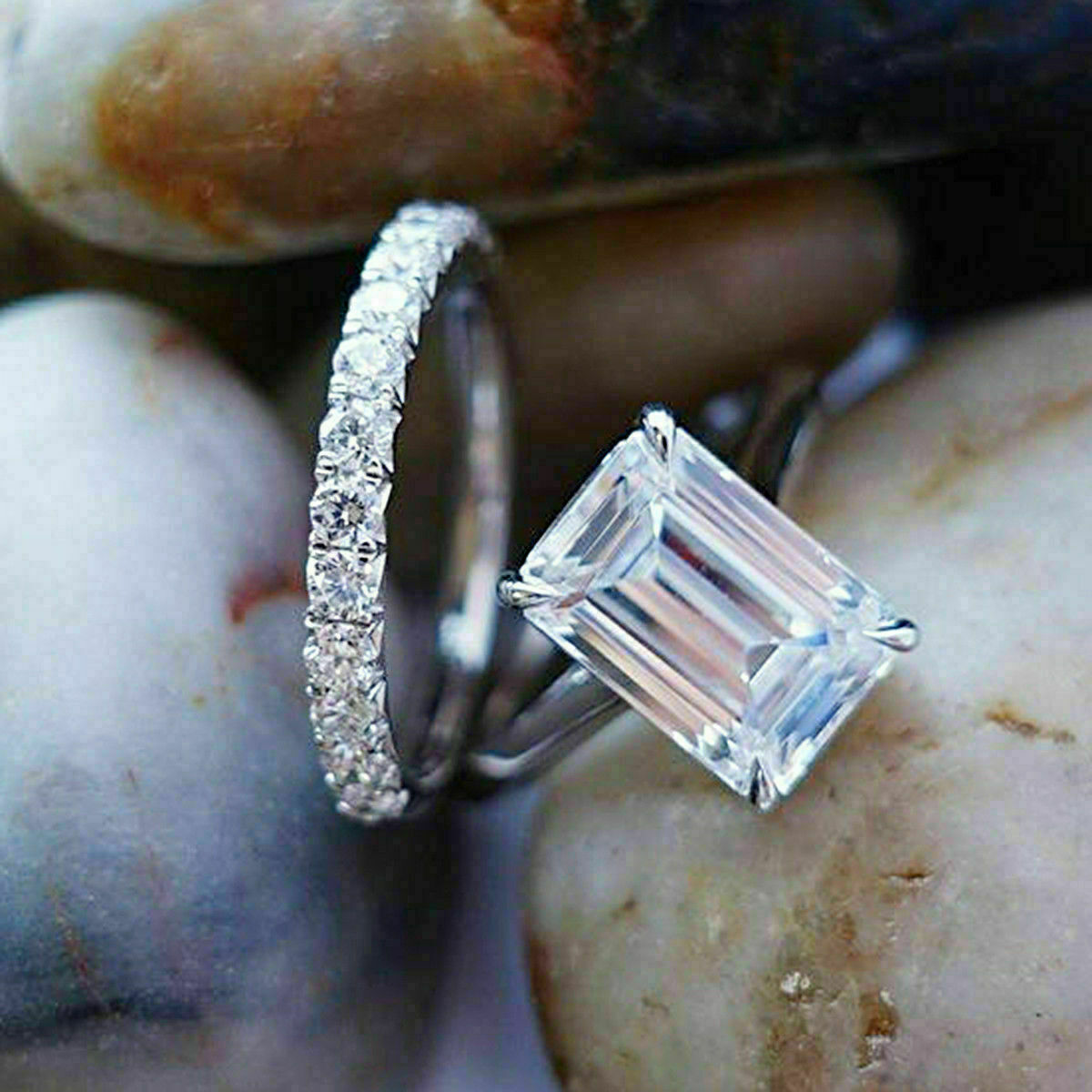 Solitaire Engagement Ring Set 3.CT Emerald Cut Moissanite 14K White Gold Size 6-image