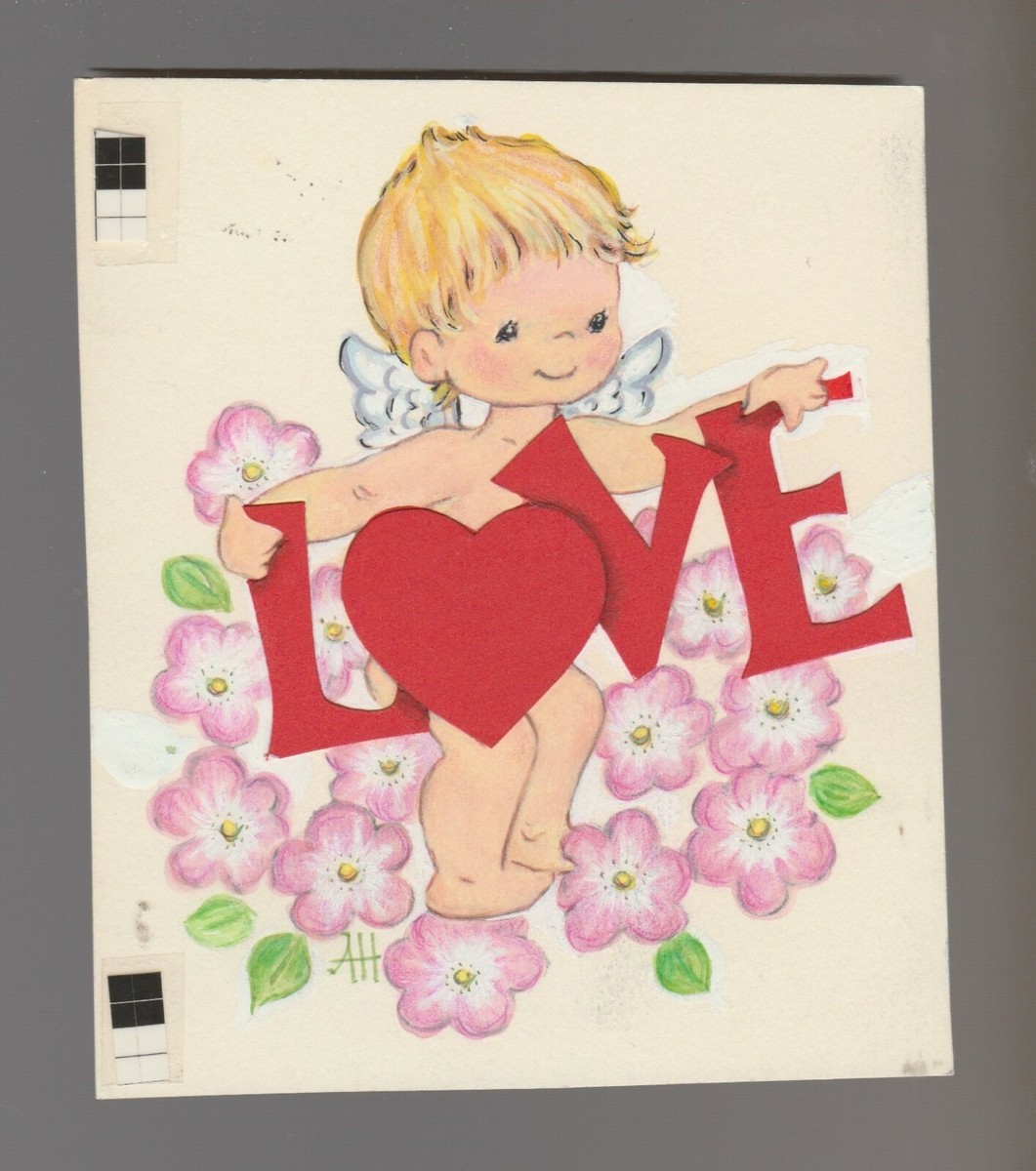 VALENTINES Cute Love Boy w/ Wings & Flowers 4x4.75