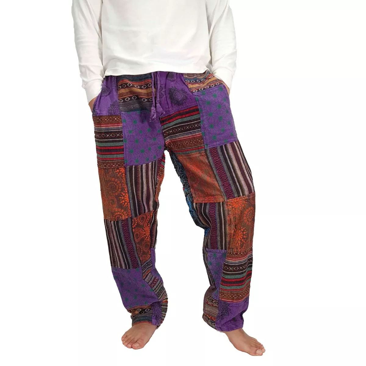 Mens Purple Patchwork Pants Cotton Hippie Boho Comfy Unisex Winter Bohemian  Fun