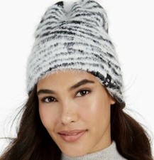 DKNY Black/White Fuzzy Animal Print Beanie, One Size