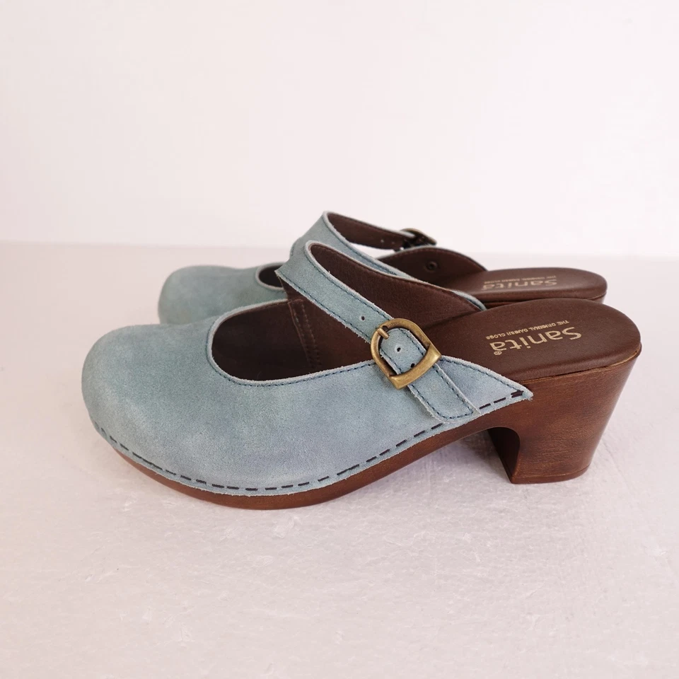Sanita Shoes Womens Size 41 Blue Suede Mary Jane Clogs Wooden Heel Strap Comfort - Image 4 of 4