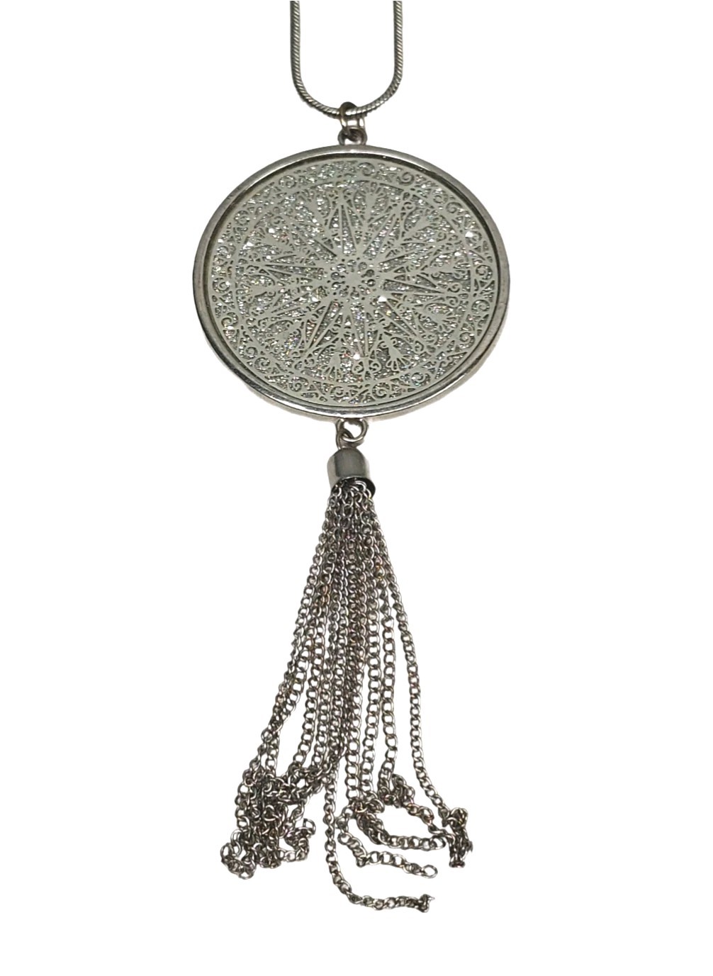 Silvertone Pendant Tassel Statement Necklace Cele… - image 1