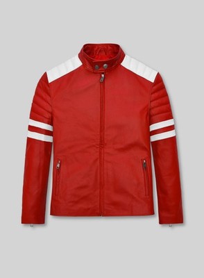 Men's Real Leather Biker Jacket Red Cafe Racer White Stripes Quilted Sport Coat
