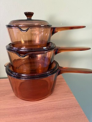 Vintage 80er - Vision Corning France - Glas 6 teiliges Pfannenset - smoked amber Pyrex