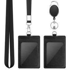 2 Pack Badge Holders, Vertical PU Leather ID Card Holder with Black