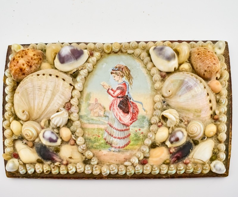 Victorian Era Portrait French Shellwork Sailor's Valentine Art Woman Blue Dress