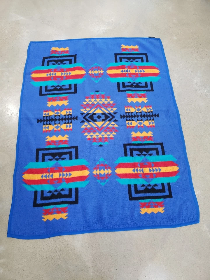 IBENA Blue Multi Color Aztec Southwest Throw Reversible Blanket 75 x 60 Turkey - Image 3 of 4