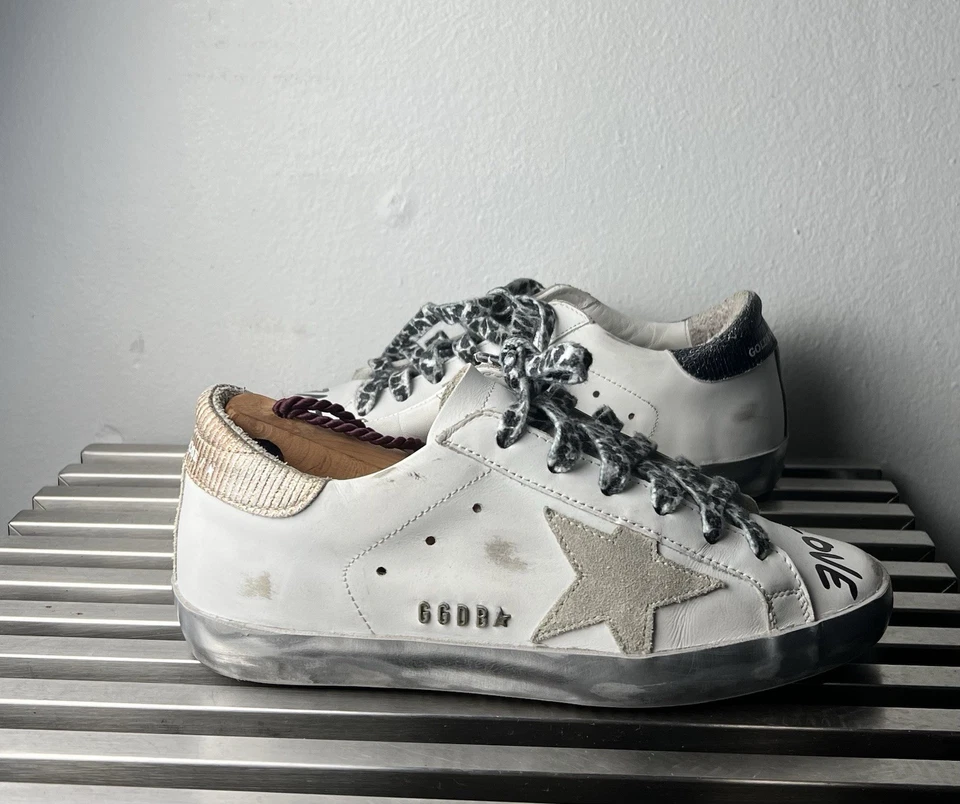 Golden Goose GGDB Cuero Blanco/Gris Talla 38 Metal Brillo Raro Foto 2 de 4