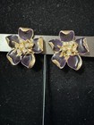Vintage Goldtone Purple Enamel Rhinestone Flower Clip Earrings — photo 1