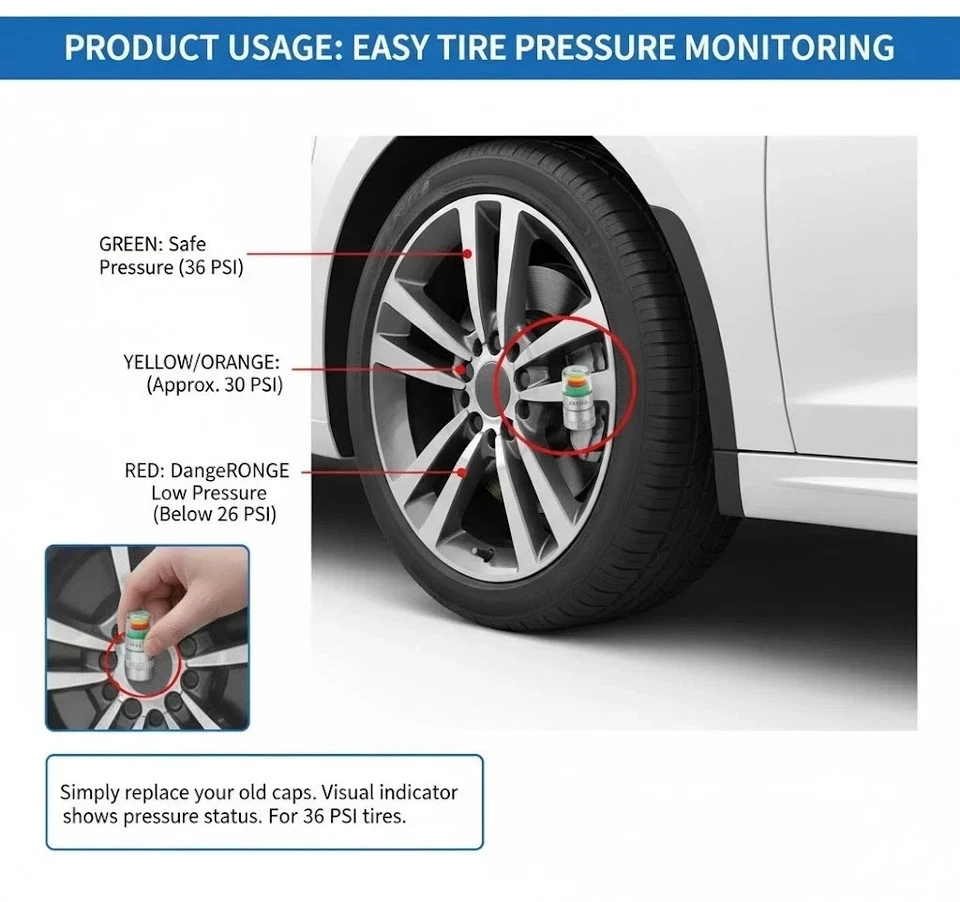 4 x Car Valve Tyre Caps Dust Monitor Wheel Pressure 30 PSI Tire Air Sensor UK - Image 4 of 4