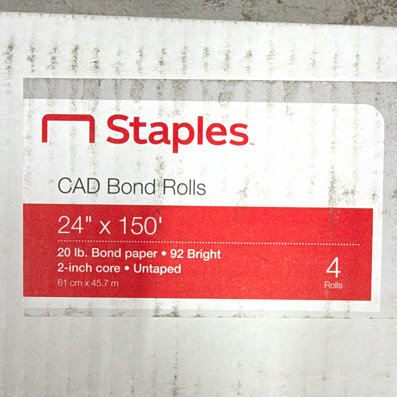 Staples CAD Bond Rolls 24" x 150' 20 lb 92 Bright 2" Core Untaped (4)