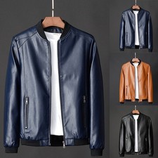 Casual Style Men Faux Leather Jackets Imitation Leather Long Sleeve Style